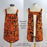Haunted Forest Pinafore Apron with no ties, relaxed fit smock with pockets fits L/XL/2X, black and orange Halloween apron, Ready to Ship