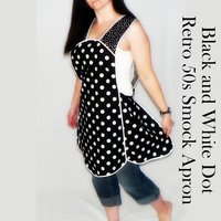 Black and White Polka Dot Retro 50s Smock Apron, relaxed fit "H-back" doesn't touch neck, made to order from XS to 4X  with pocket options