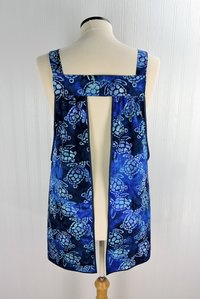 Sea Turtle Batik Pinafore Apron with no ties, relaxed fit smock apron with pockets, handmade-to-order XS - 5X, blue-purple-green watercolor