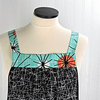 Atomic Pinafore Apron,  relaxed fit apron with no ties, retro mid-century modern smock with pockets, OOAK last one ready to ship