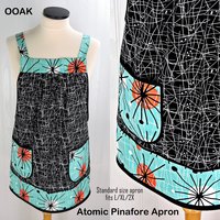 Atomic Pinafore Apron,  relaxed fit apron with no ties, retro mid-century modern smock with pockets, OOAK last one ready to ship