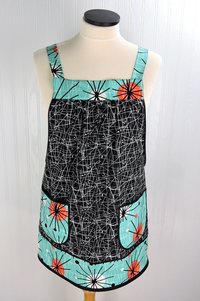 Atomic Pinafore Apron,  relaxed fit apron with no ties, retro mid-century modern smock with pockets, OOAK last one ready to ship