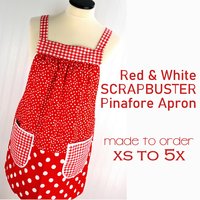 Red & White Scrapbuster Pinafore, relaxed fit smock with pockets, comfortable (doesn't touch neck) made to order XS to 5X plus size