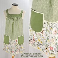 Garden Sketch Pinafore Apron with no ties, relaxed fit smock with pockets, standard size fits L-XL-2X, SHIPS FAST