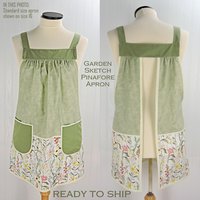 Garden Sketch Pinafore Apron with no ties, relaxed fit smock with pockets, standard size fits L-XL-2X, SHIPS FAST