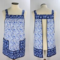 Classic Blue Floral Scrapbuster Pinafore with no ties, plus size smock apron with pockets, ready to ship fits L/XL/2X