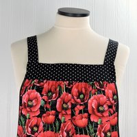 Red Poppies on Black Pinafore Apron with no ties, loose-fitting smock with pockets, pretty hostess apron, ready to ship fits L/XL/2X