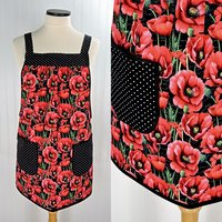 Red Poppies on Black Pinafore Apron with no ties, loose-fitting smock with pockets, pretty hostess apron, ready to ship fits L/XL/2X