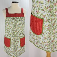 Susan Winget HOLLY Pinafore with no ties, relaxed fit smock with pockets, Lovely Xmas Hostess Apron, made to order XS to 5X plus size