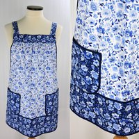 Classic Blue Floral Scrapbuster Pinafore with no ties, plus size smock apron with pockets, ready to ship fits L/XL/2X