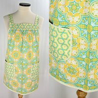 Notting Hill Historic Tile Pinafore Apron with no ties, relaxed fit smock with pockets fits L/XL/2X, Ready to Ship