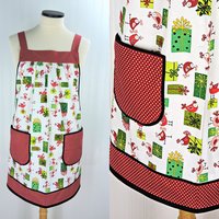 Holiday Tweets Scrapbuster Pinafore with no ties, relaxed fit smock with pockets, Christmas birds apron fits L-XL-2X SHIPS FAST