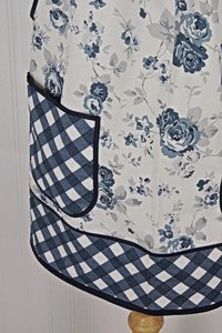 Tranquility Roses Pinafore Apron with no ties, blue and white floral smock apron with pockets made-to-order XS to 5X