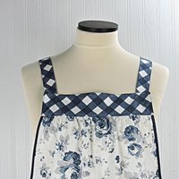 Tranquility Roses Pinafore Apron with no ties, blue and white floral smock apron with pockets made-to-order XS to 5X