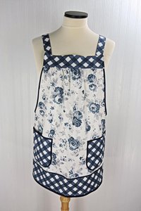 Tranquility Roses Pinafore Apron with no ties, blue and white floral smock apron with pockets made-to-order XS to 5X