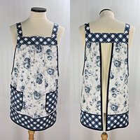 Tranquility Roses Pinafore Apron with no ties, blue and white floral smock apron with pockets made-to-order XS to 5X
