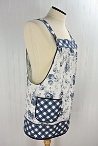 Tranquility Roses Pinafore Apron with no ties, blue and white floral smock apron with pockets made-to-order XS to 5X