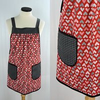 Red Flirt Hearts Valentine Pinafore with no ties, relaxed fit smock with pockets, standard size L/XL/2X, SHIPS FAST