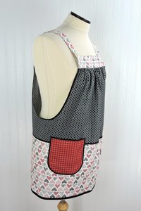 Cream Flirt Hearts Scrapbuster Pinafore with no ties, relaxed fit smock with pockets for Valentine's Day, standard size L/XL/2X, SHIPS FAST