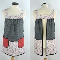 Cream Flirt Hearts Scrapbuster Pinafore with no ties, relaxed fit smock with pockets for Valentine's Day, standard size L/XL/2X, SHIPS FAST