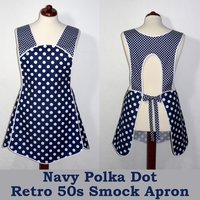 Navy Blue Polka Dot Retro 50s Smock, relaxed fit H-back apron (no ties at neck) XS to 4X made to order w/ pocket options choose your details