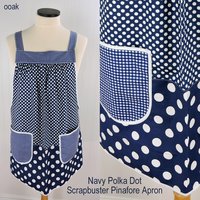 Navy Polka Dot Scrapbuster Pinafore, relaxed fit smock with pockets, comfortable (doesn't touch neck) Standard Size (fits L/XL/2X) ships now
