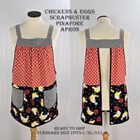 Chicken & Eggs Scrapbuster Pinafore Apron with no ties, relaxed fit smock apron with pockets, OOAK standard size fits L/XL/2X, ready to ship