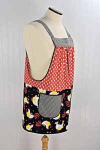 Chicken & Eggs Scrapbuster Pinafore Apron with no ties, relaxed fit smock apron with pockets, OOAK standard size fits L/XL/2X, ready to ship