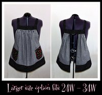 Cherries and Black Gingham Pinafore with no ties (XS to 5X) relaxed fit smock with pockets, retro farmhouse apron