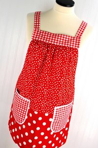Red & White Scrapbuster Pinafore, relaxed fit smock with pockets, comfortable (doesn't touch neck), ready to ship, fits L/XL/2X