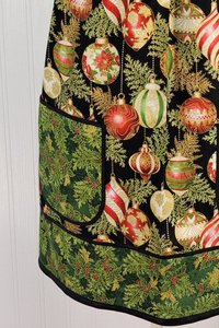 XS- 5X Holiday Flourish Ornaments Pinafore with no ties (straps go straight over the shoulders) relaxed fit smock with pockets made to order