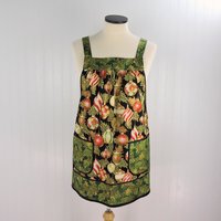 XS- 5X Holiday Flourish Ornaments Pinafore with no ties (straps go straight over the shoulders) relaxed fit smock with pockets made to order