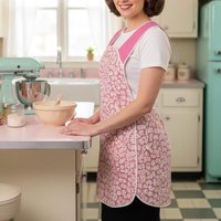 Retro 50s Smock (Daisies and Pin-dots in Pink) hostess apron, H-back style doesn't touch the neck, handmade after order XS to 5X Plus Size