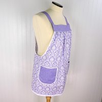 Lavender Petite Damask Pinafore with no ties (straps go straight over the shoulders) relaxed fit smock with pockets, fits L/XL/2X SHIPS FAST