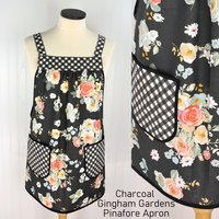 Charcoal Gingham Gardens Pinafore with no ties (straps go straight over the shoulders) relaxed fit smock with pockets, ready to ship L/XL/2X