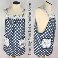 Tranquility Rose Trellis Pinafore with no ties (straps go straight over the shoulders) blue & white smock with pockets ready to ship L/XL/2X