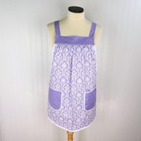 Lavender Petite Damask Pinafore with no ties (straps go straight over the shoulders) relaxed fit smock with pockets, fits L/XL/2X SHIPS FAST