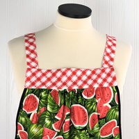 Watermelon Picnic Pinafore with no tie (straps go straight over shoulder) relaxed fit smock with pockets, retro farmhouse apron fits L/XL/2X