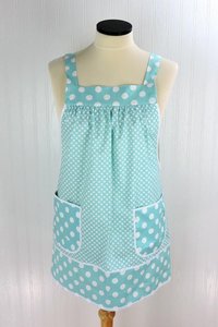 OOAK Aqua Dot Pinafore with no ties, relaxed fit smock with pockets, straps go straight over the shoulders, ready to ship, fits L/XL/2X