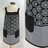 B/W Medallion Check Scrapbuster Pinafore with no ties (straps go straight over the shoulder) relaxed fit smock with pocket L/XL/2X ships now