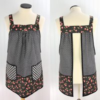 OOAK Midnight Cherries Pinafore with no ties (straps go straight over the shoulders) relaxed fit smock with pockets, L/XL/2X ships now