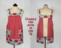 Red Gingham and Roses Pinafore with no ties, relaxed fit smock with pockets, retro floral kitchen apron XS to 5X