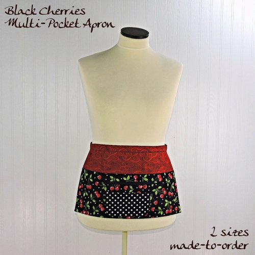 Black Cherries Multi-Pocket Apron with zipper, great for teachers, gardeners, servers, made after order in 2 sizes
