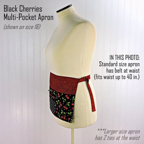 Black Cherries Multi-Pocket Apron with zipper, great for teachers, gardeners, servers, made after order in 2 sizes