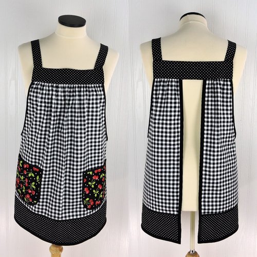 Cherries and Black Gingham Pinafore with no ties (XS to 5X) relaxed fit smock with pockets, retro farmhouse apron