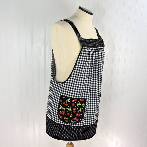 Cherries and Black Gingham Pinafore with no ties (XS to 5X) relaxed fit smock with pockets, retro farmhouse apron