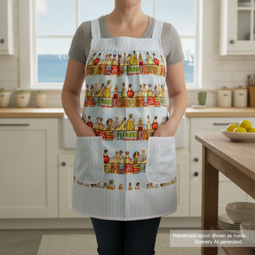 Fruit Ladies Stripe Pinafore with no ties (straps go straight over shoulders) relaxed fit smock with pockets, humorous beach theme, L/XL/2X