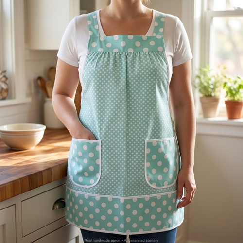 OOAK Aqua Dot Pinafore with no ties, relaxed fit smock with pockets, straps go straight over the shoulders, ready to ship, fits L/XL/2X