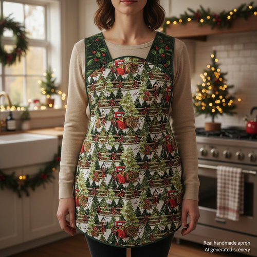 XS-4X Retro 50s Christmas Smock, Pine Trees and Fences with old Red Trucks, relaxed fit H-back apron, made to order with pocket options