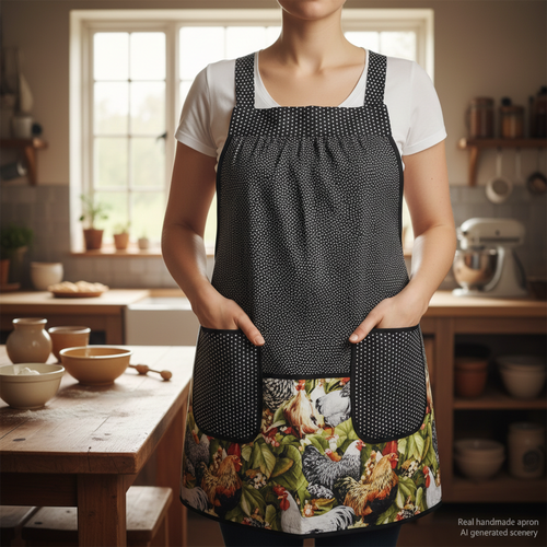 Roosters SCRAPBUSTER Pinafore Apron with no ties, relaxed fit smock with pockets, farmhouse kitchen apron, ready to ship, fits L/XL/2X